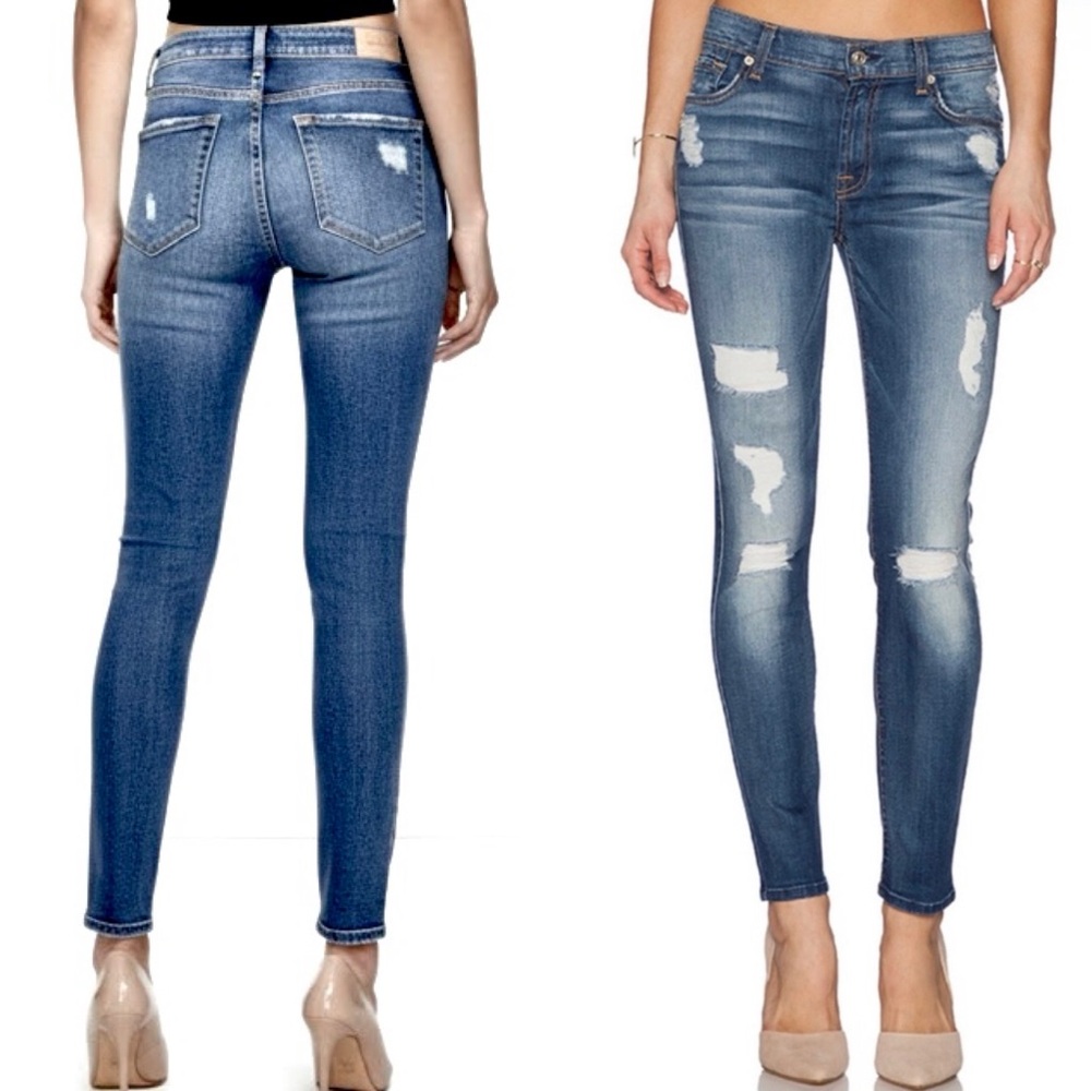 7 FOR ALL MANKIND SKINNY ANKLE DESTROYED DISTRESSED WHISKERED DARK BLUE JEANS 26